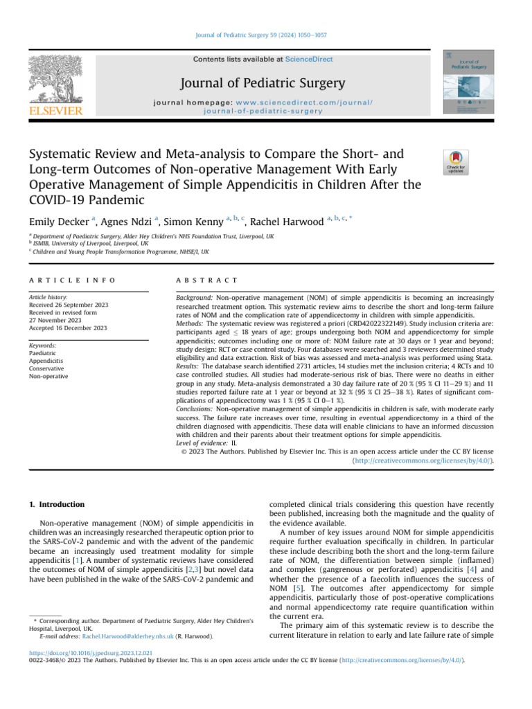 Non-Operative vs. Operative Appendicitis Care | PDF | Systematic Review ...