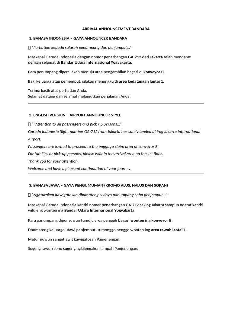 Uas MC Arrival Announcement Bandara | PDF