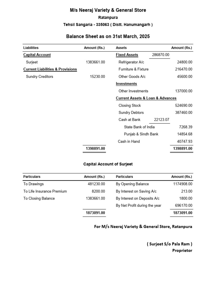 Balance Sheet for Neeraj Store 2025 | PDF | Balance Sheet | Banks