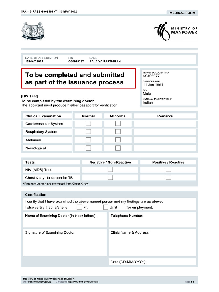 Medical Form Parthipan | PDF