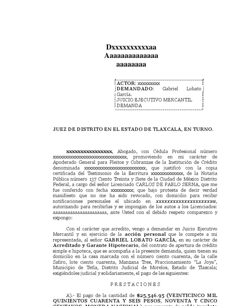 Juicio Ejecutivo Mercantil Contrato de Apertura de Credito