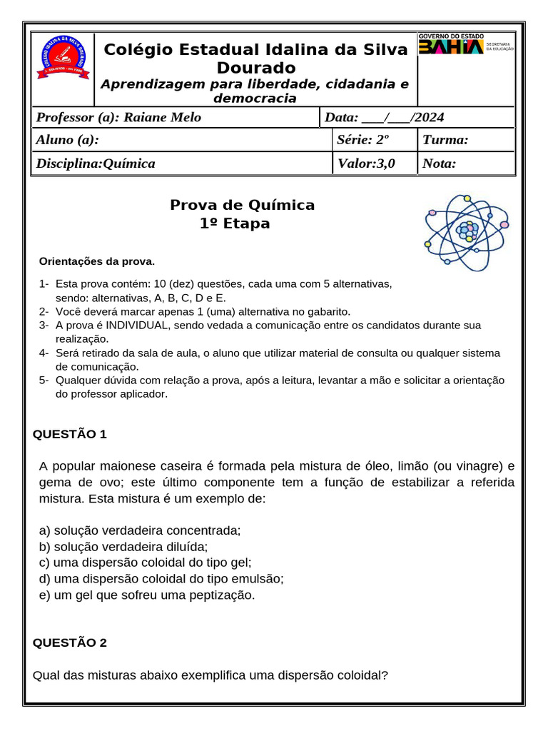 Prova de Química - 2º Ano do Ensino Médio | PDF | Coloide | Solubilidade