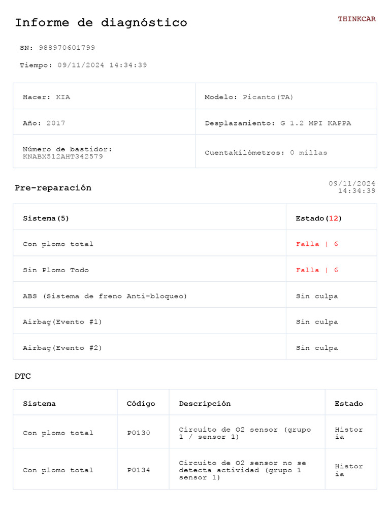KIA - Pre-Reparación - KNABX512AHT342579 - Informe de Diagnóstico de