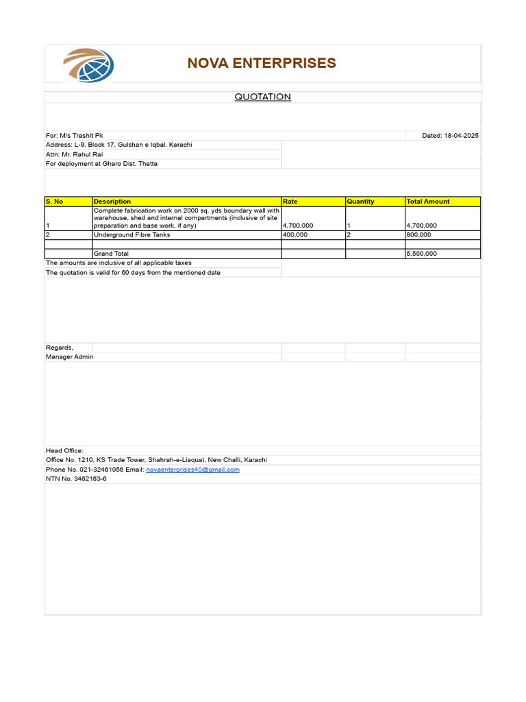Quotation for Fabrication Work by Nova Enterprises | PDF