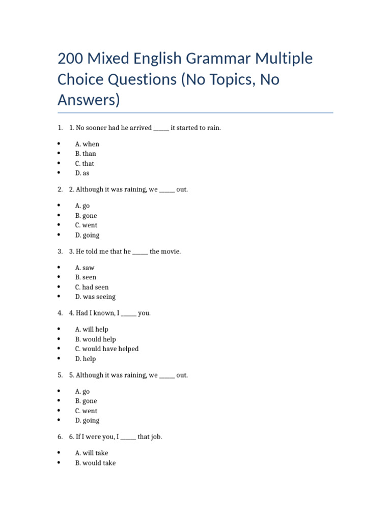 200 Grammar Questions No Topics No Answers 2 | PDF | Ice | Chess Theory