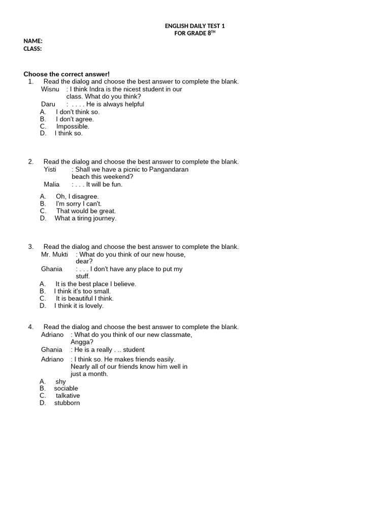 English Daily Test 1 - 25 Kls 8 | PDF