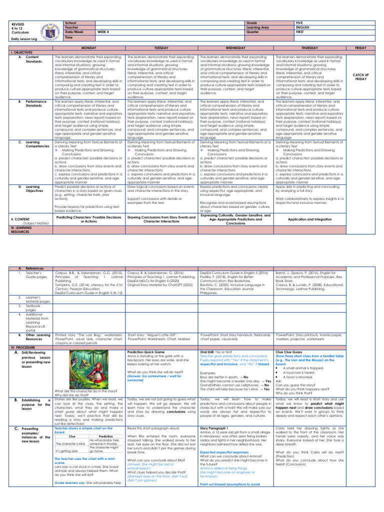 Grade 5 English Lesson Plan: Week 4 | PDF | Reading Comprehension ...