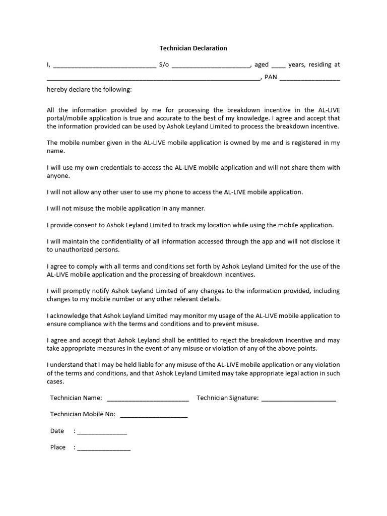 Technician Declaration for AL-LIVE App | PDF