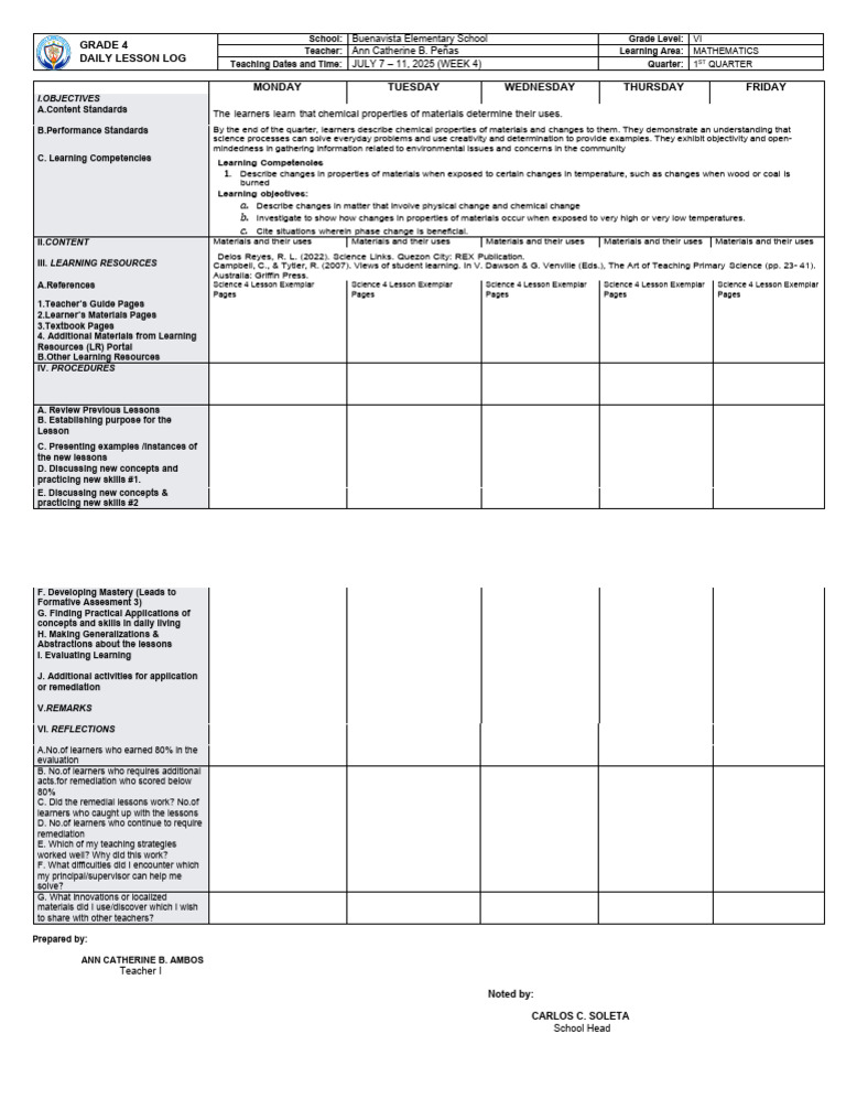 Grade 4 Math Lesson Plan: Week 4 | PDF | Learning | Teachers