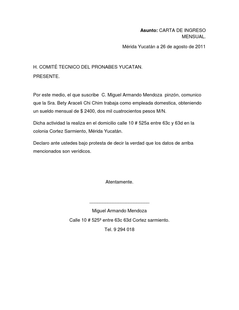 Carta de Ingresos Ejemplo | PDF