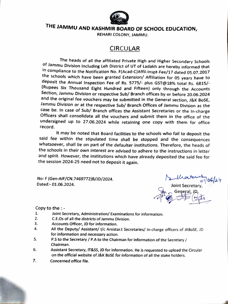 Jammu Schools Annual Inspection Fee Notice | PDF