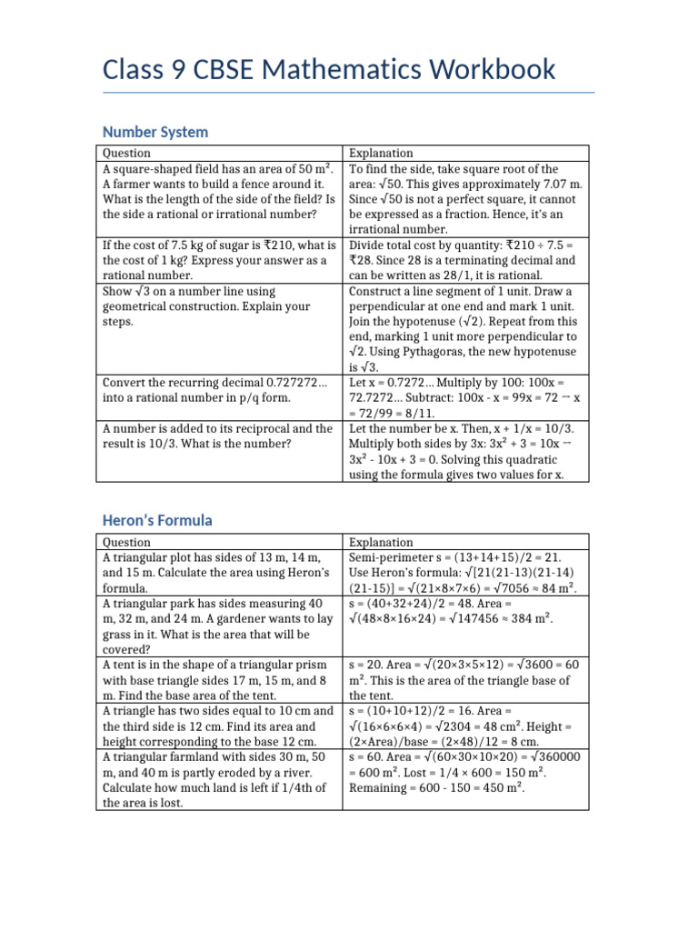 Class 9 CBSE Math Workbook: Number Systems | PDF | Line (Geometry ...