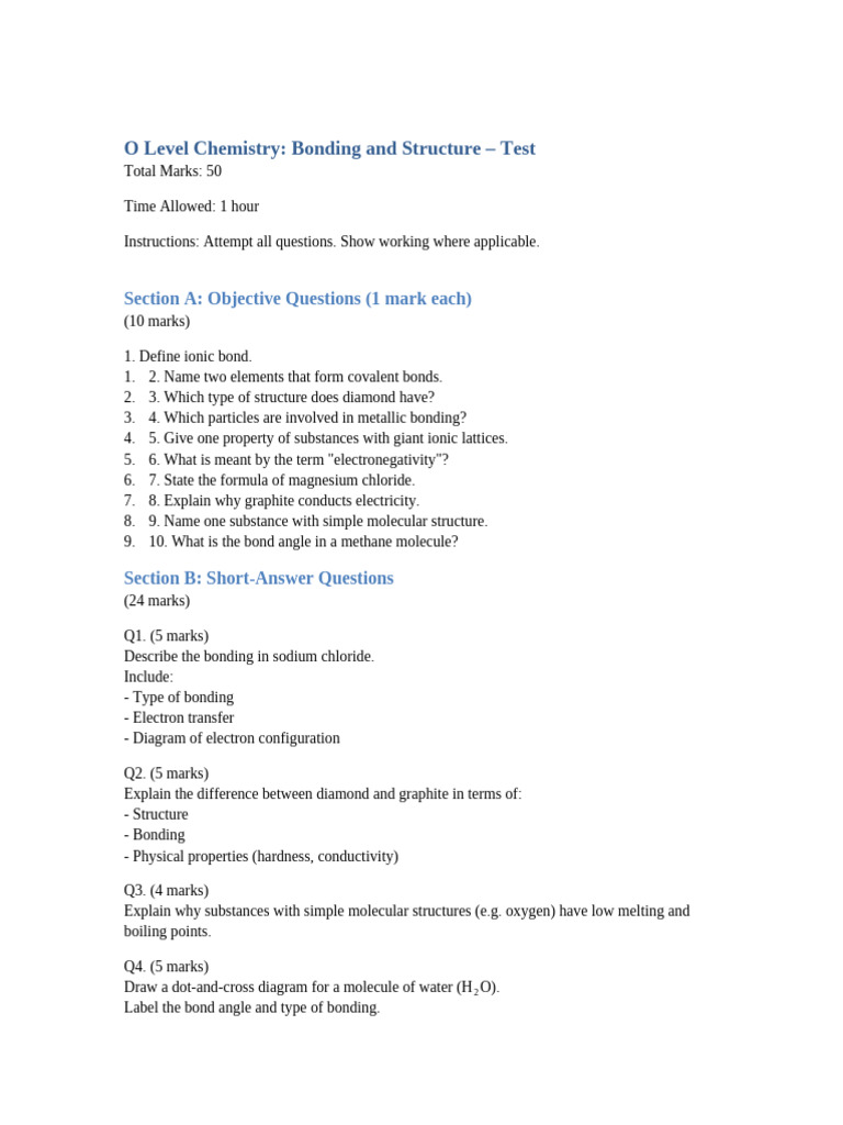 O Level Chemistry Bonding Test Guide | PDF