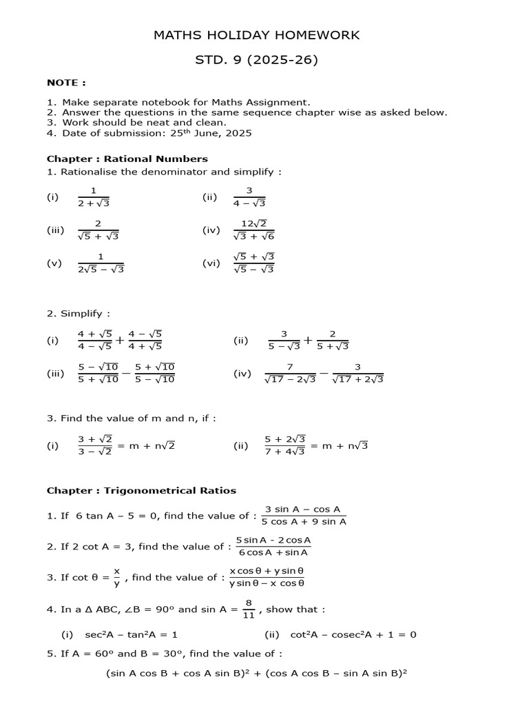 Class 9 Maths Holiday Homework | PDF | Chess | Chess Theory