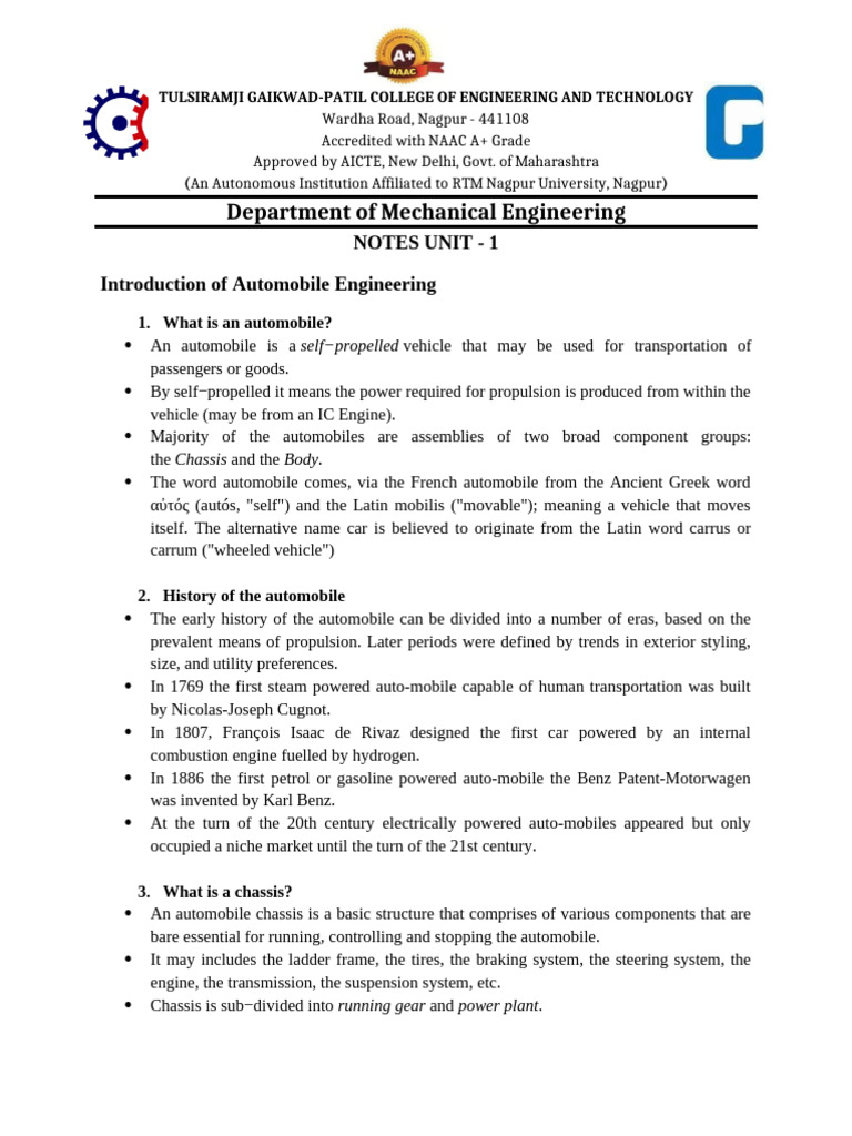 Automobile Engineering Overview Notes | PDF | Internal Combustion ...