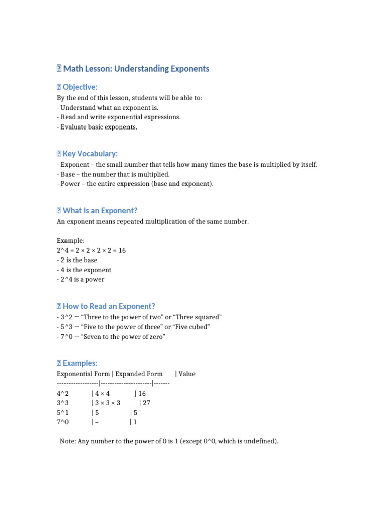 Math Lesson Understanding Exponents | PDF