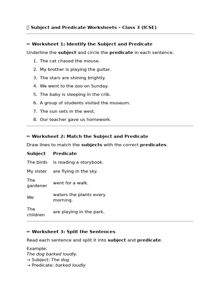 Class 3 Subject and Predicate Worksheets | PDF