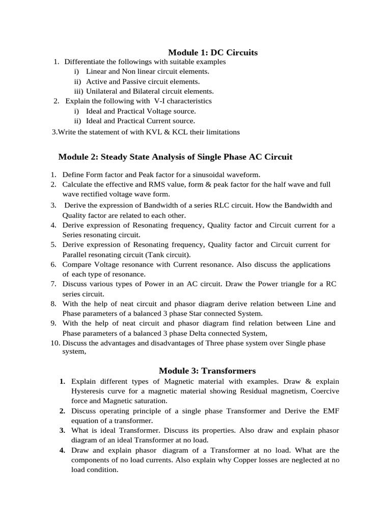 Unit Wise FAQ For Fundamentals of Electrical Engineering | PDF ...