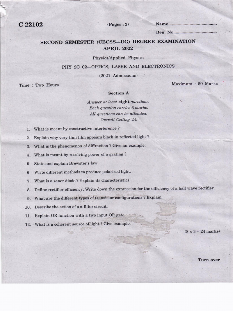 Phy 2c 02 Optics, Laser, Electronics April 2022 | PDF | Laser | Rectifier
