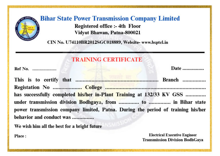 BSPTCL Training Certificate Template | PDF
