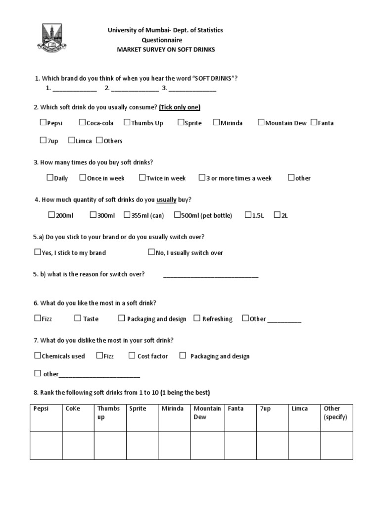 Questionnaire Soft Drink Pepsi