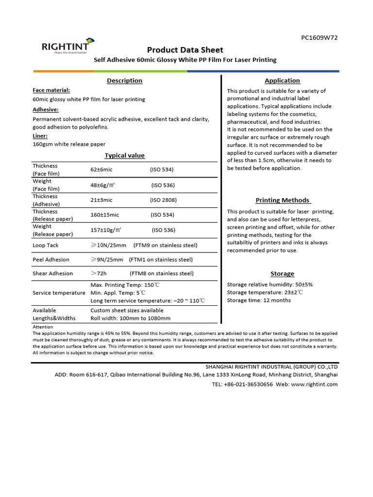 Glossy White PP Film for Laser Labels | PDF | Paper | Industrial Processes
