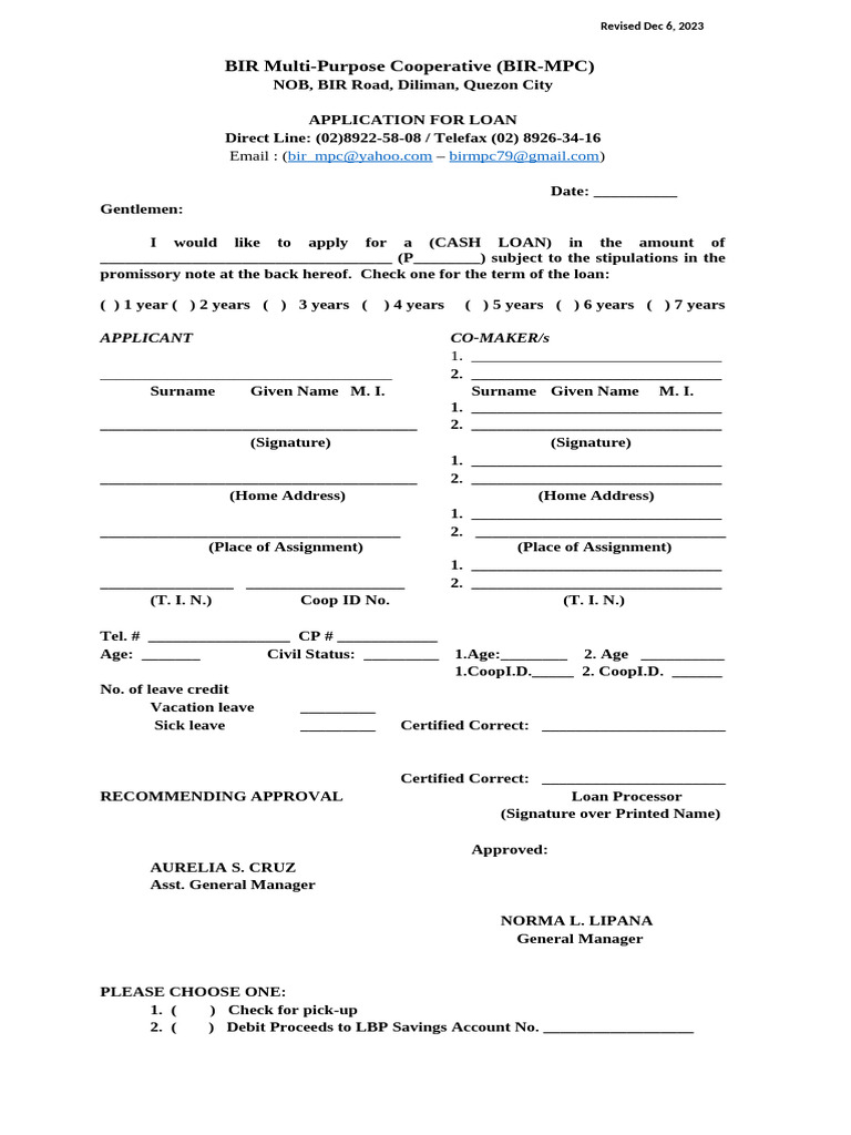 Application For Cash Loan - Revised Dec 2023 | PDF | Loans | Interest