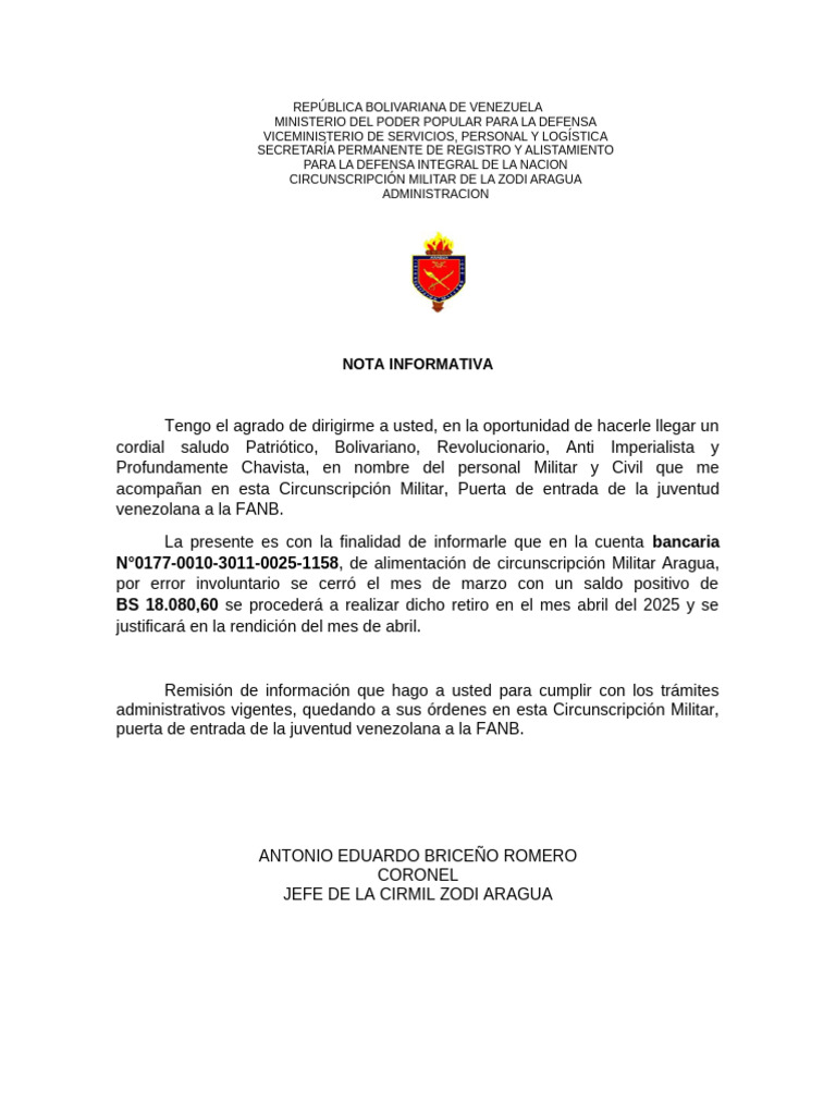 Nota Informativa sobre Cierre de Cuenta Militar | PDF