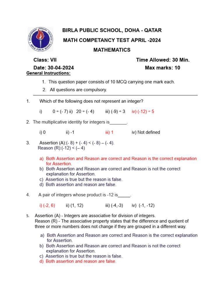 MCT AK April 2024 VII CH 1 Integers Prameela | PDF | Mathematics ...