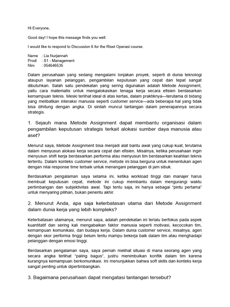 Metode Assignment dalam Alokasi SDM Efisien | PDF