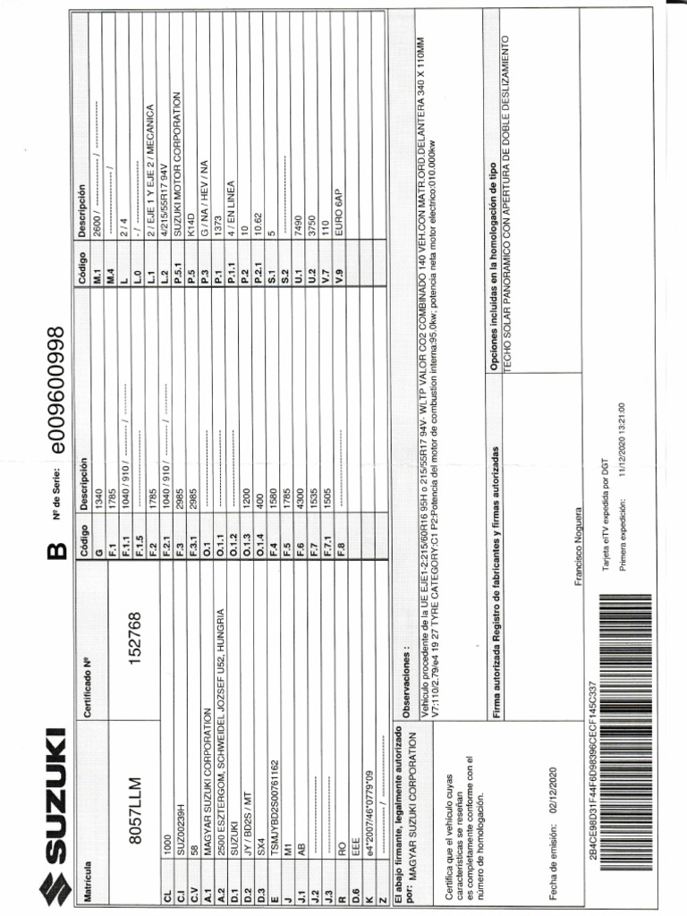 Ficha Tecnica Suzuki SX4 | PDF