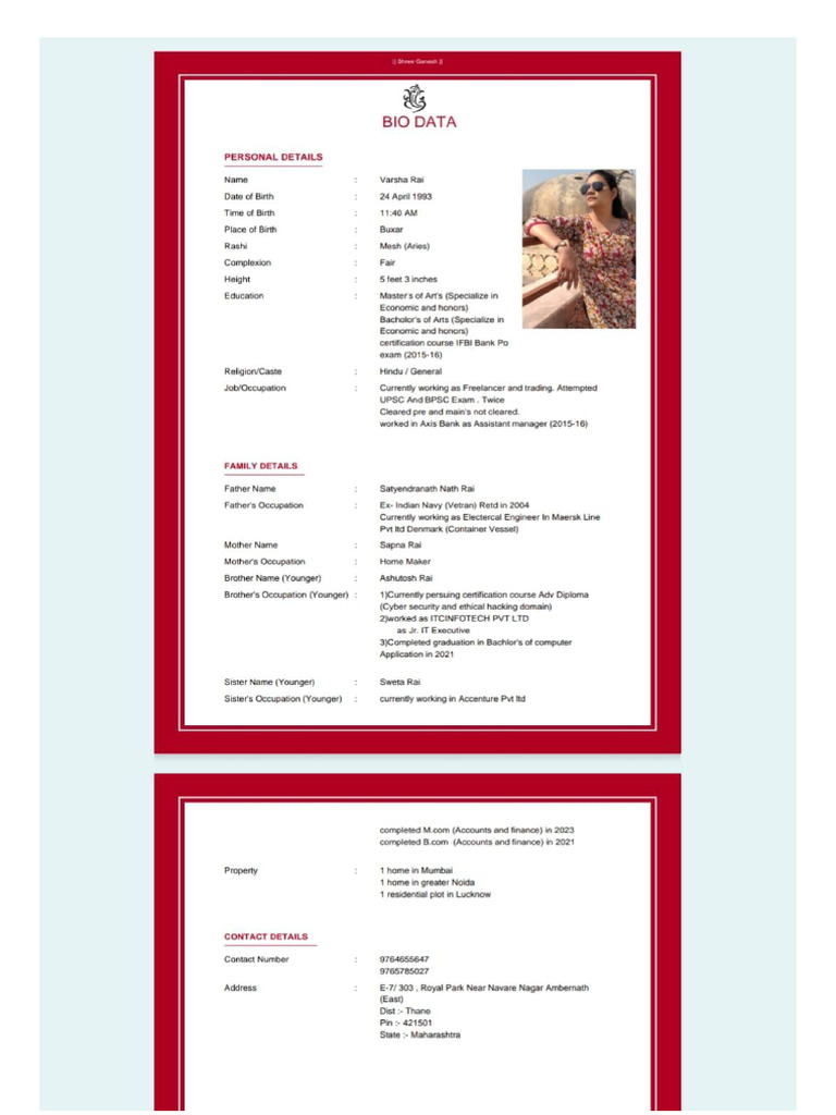 Varsha Rai Bio Data | PDF