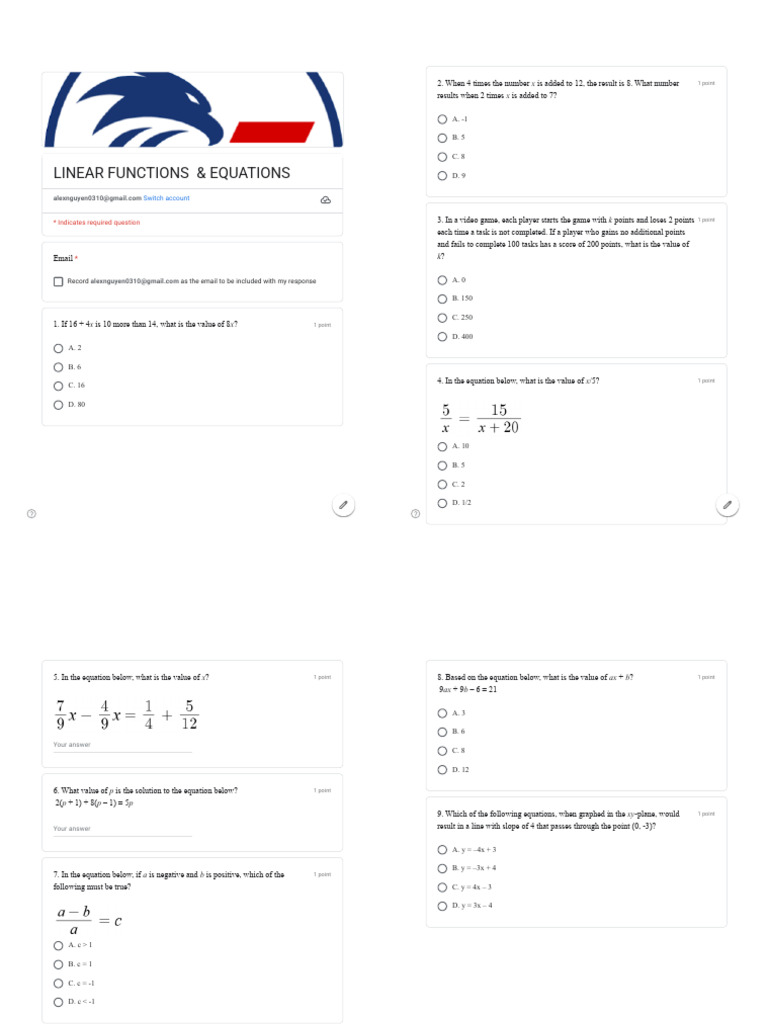 Linear Functions and Equations Practice | PDF | Equations