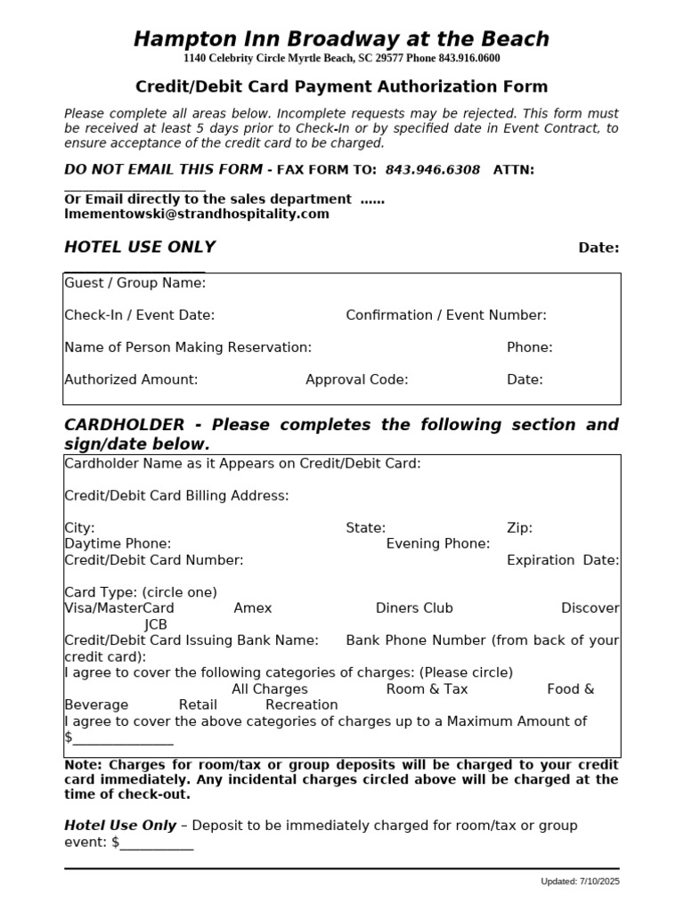 Hampton Inn Credit Card Authorization Form | PDF | Credit Card | Debit Card