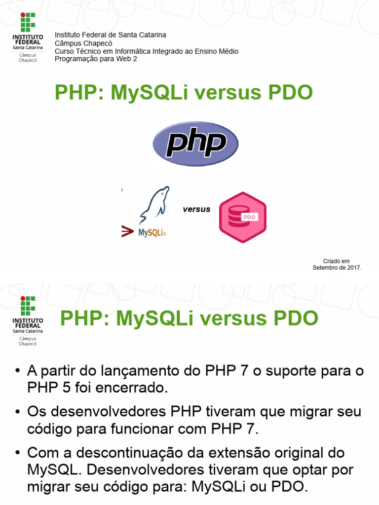 PHP: Comparação entre MySQLi e PDO | PDF | Php | SQL