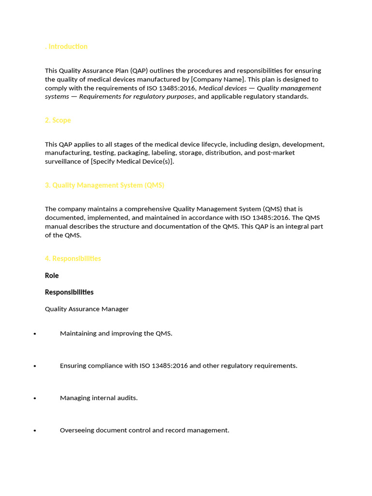 ISO 13485 Quality Assurance Plan | PDF | Quality Management System ...