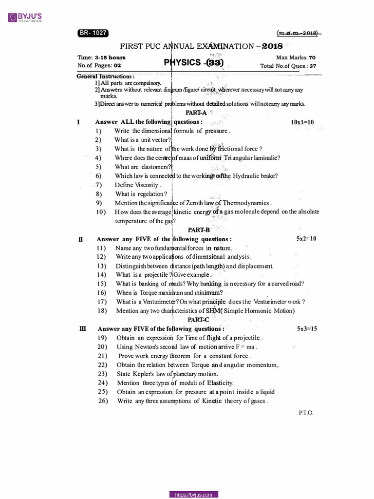 1st PUC Physics Annual Exam 2018 | PDF | Physical Chemistry | Physical ...