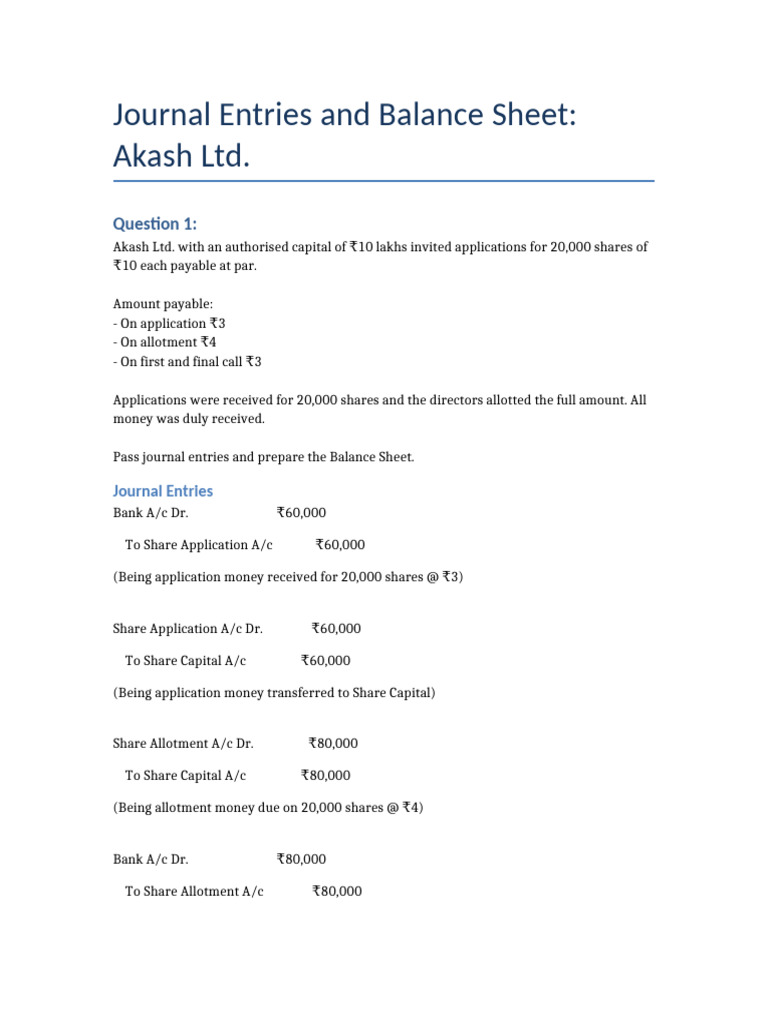 Journal Entries & Balance Sheet for Akash Ltd. | PDF