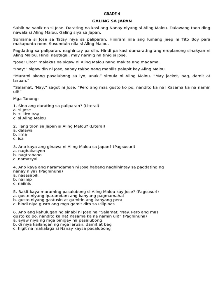 Phil IRI Pretest Filipino 4 6 Set D | PDF