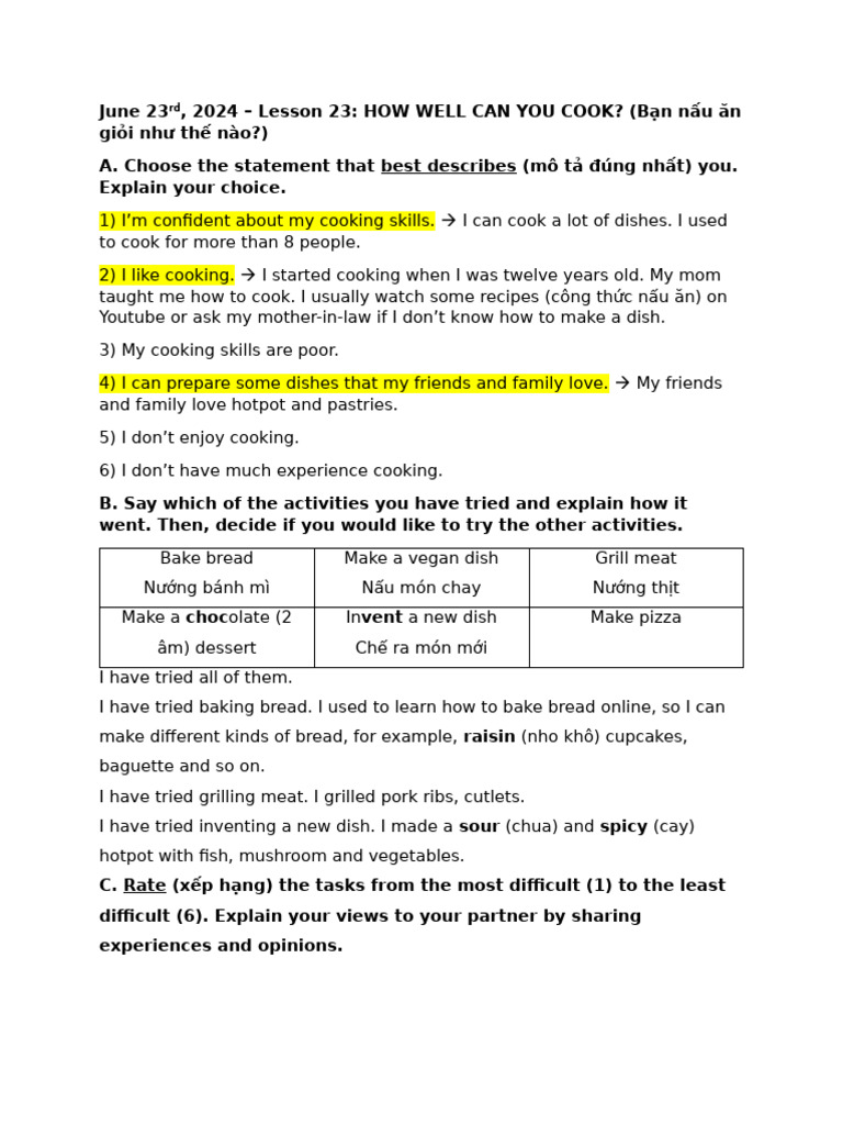Cooking Skills and Experiences Assessment | PDF | Cooking | Dumpling