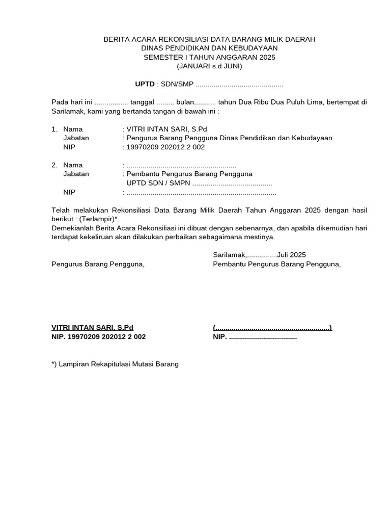 Rekonsiliasi Data Barang Daerah 2025 | PDF
