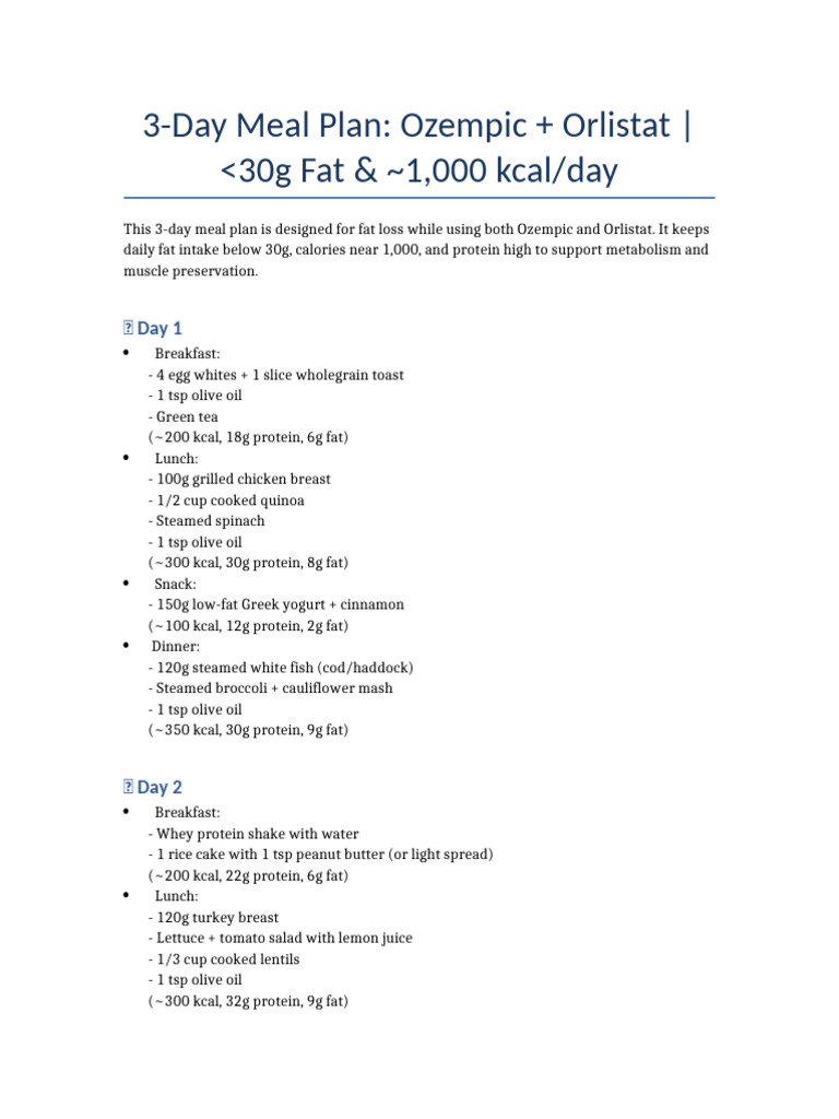 3-Day Meal Plan for Ozempic & Orlistat | PDF