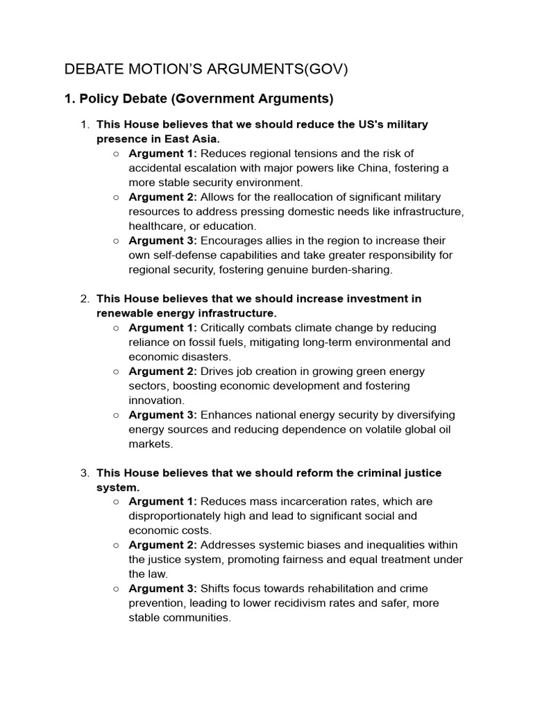 Key Arguments for Policy Debate Motions | PDF | Justice | Crime & Violence