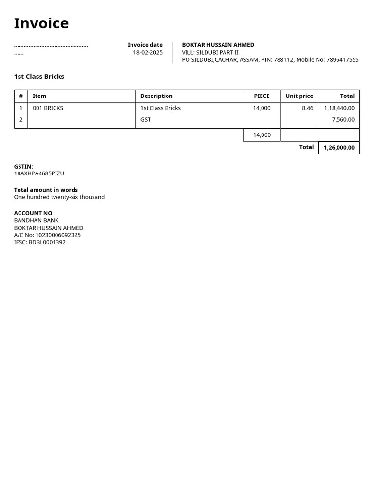 Invoice for 1st Class Bricks | PDF