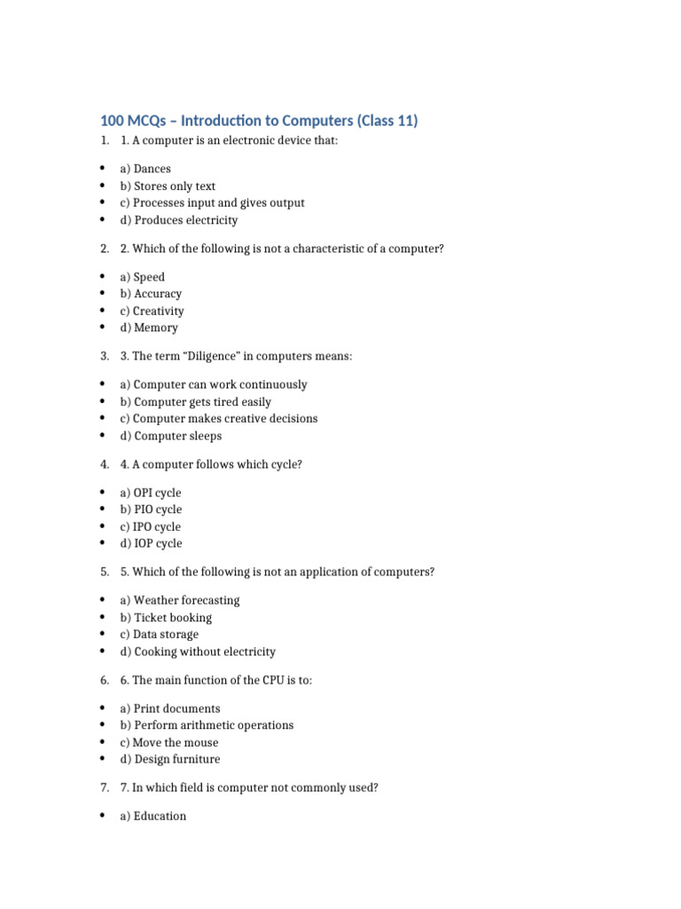 100 MCQs on Computer Basics for Class 11 | PDF | Very Large Scale ...