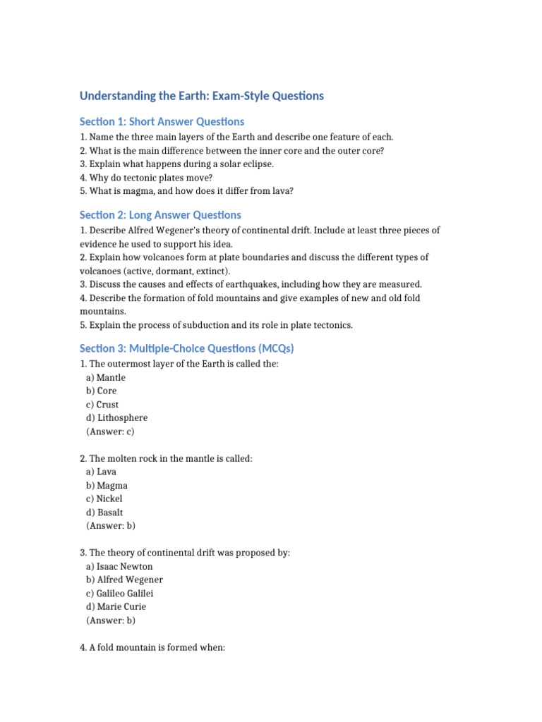 Earth Science Exam Questions Guide | PDF | Plate Tectonics | Volcano