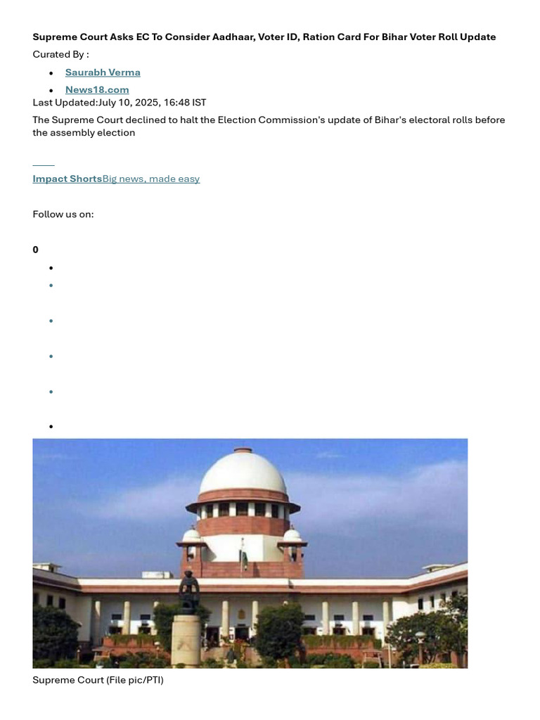 Supreme Court Asks EC To Consider Aadhaar | PDF | Democracy | Political ...