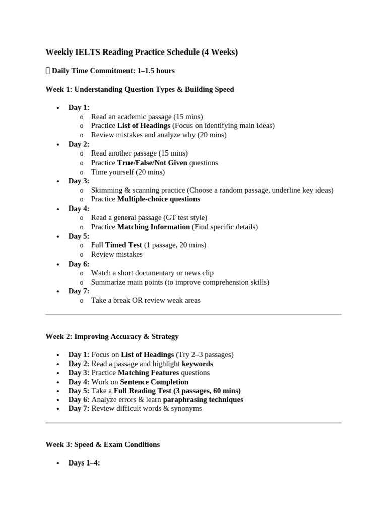 4-Week IELTS Reading Practice Plan | PDF