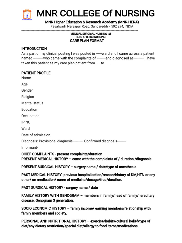Care Plan Format for Nursing Students | PDF