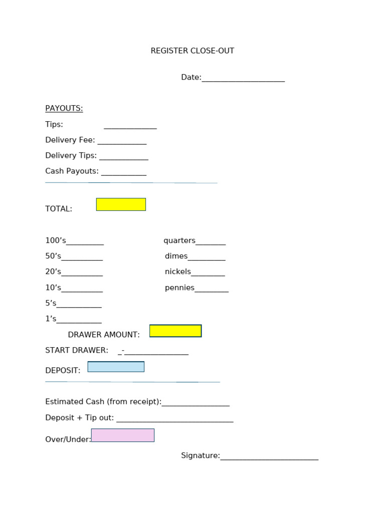 Cash Register Close-Out Form | PDF